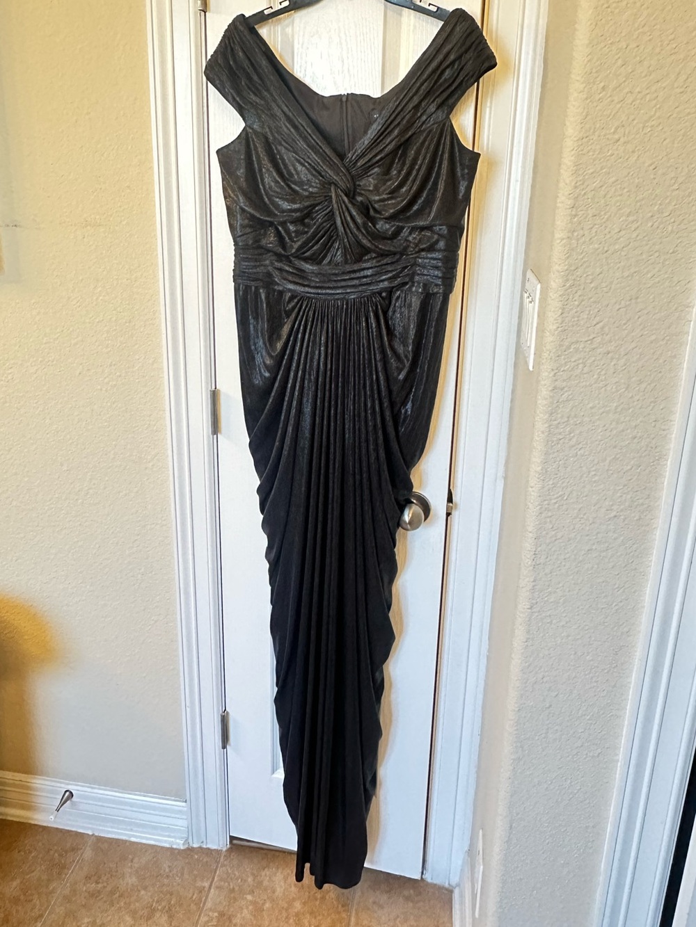 Tadashi Shoji Shimmery Black Draped Maxi Dress